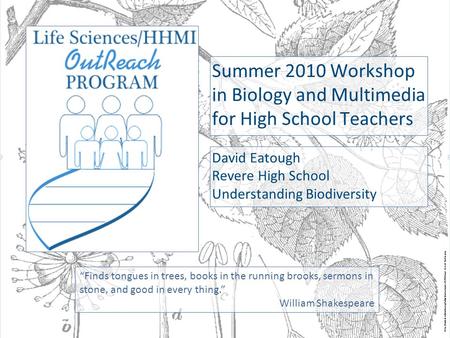 Summer 2010 Workshop in Biology and Multimedia for High School Teachers David Eatough Revere High School Understanding Biodiversity