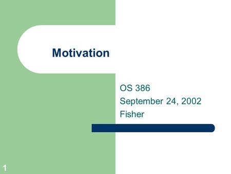 1 Motivation OS 386 September 24, 2002 Fisher. 2 Agenda Collect written case study Review motivational theories – Group discussion – Groups will present.