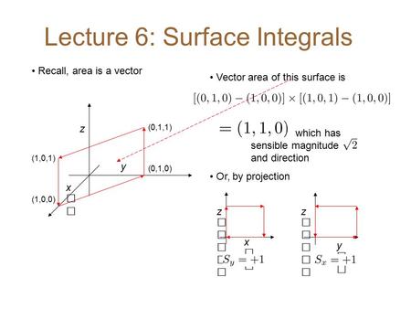 Lecture 6: Surface Integrals Recall, area is a vector (0,1,0) (1,0,0) x y z (1,0,1) (0,1,1) Vector area of this surface is which has sensible magnitude.