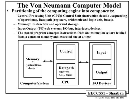 EECC551 - Shaaban #1 Lec # 1 Winter 2001 12-3-2001 The Von Neumann Computer Model Partitioning of the computing engine into components: –Central Processing.