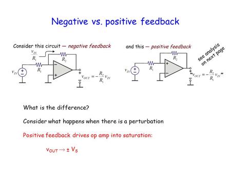 Negative vs. positive feedback What is the difference? Consider what happens when there is a perturbation Positive feedback drives op amp into saturation: