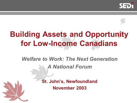 Building Assets and Opportunity for Low-Income Canadians Welfare to Work: The Next Generation A National Forum St. John’s, Newfoundland November 2003.