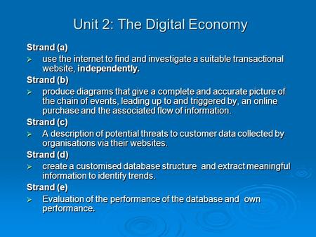 Unit 2: The Digital Economy Strand (a)  use the internet to find and investigate a suitable transactional website, independently. Strand (b)  produce.