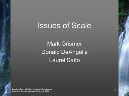 Interdisciplinary Modeling for Aquatic Ecosystems Curriculum Development Workshop (July 2005) 1 Issues of Scale Mark Grismer Donald DeAngelis Laurel Saito.