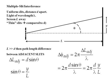 Multiple-Slit Interference Uniform slits, distance d apart. Light of wavelength. Screen L away “Thin” slits  compared to d) L y  L >> d then path length.