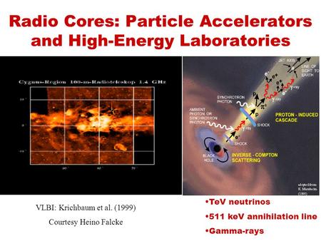 Radio Cores: Particle Accelerators and High-Energy Laboratories VLBI: Krichbaum et al. (1999) Courtesy Heino Falcke TeV neutrinos 511 keV annihilation.
