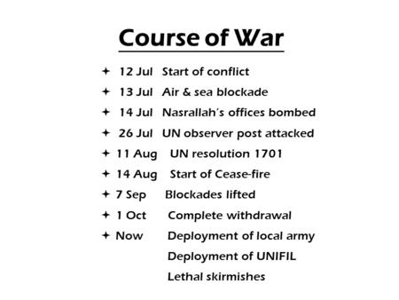Course of War  12 Jul Start of conflict  13 Jul Air & sea blockade  14 Jul Nasrallah’s offices bombed  26 Jul UN observer post attacked 11 Aug UN.