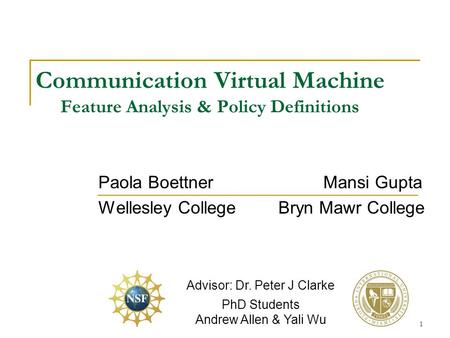 1 Paola BoettnerMansi Gupta Wellesley CollegeBryn Mawr College Communication Virtual Machine Feature Analysis & Policy Definitions Advisor: Dr. Peter J.
