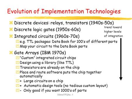 Xilinx FPGAs - 1 trend toward higher levels of integration Evolution of Implementation Technologies zDiscrete devices: relays, transistors (1940s-50s)