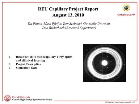 REU Capillary Project Report, August 13, 2010 CHESS & LEPP REU Capillary Project Report August 13, 2010 Tia Plautz, Mark Pfeifer, Tom Szebenyi, Gavrielle.