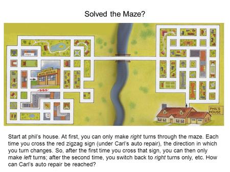 Solved the Maze? Start at phil’s house. At first, you can only make right turns through the maze. Each time you cross the red zigzag sign (under Carl’s.