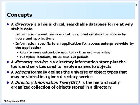 1 30 September 1999 Concepts A directory is a hierarchical, searchable database for relatively stable data - Information about users and other global entities.