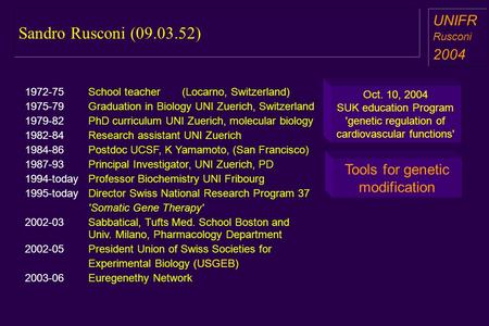 Sandro Rusconi (09.03.52) a aa a aa UNIFR Rusconi 2004 Tools for genetic modification Oct. 10, 2004 SUK education Program 'genetic regulation of cardiovascular.