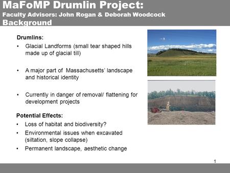 1 MaFoMP Drumlin Project: Faculty Advisors: John Rogan & Deborah Woodcock Background ASTER Drumlins: Glacial Landforms (small tear shaped hills made up.