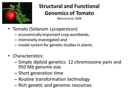 Structural and Functional Genomics of Tomato Barone et al. 2008 Tomato (Solanum Lycopersicon) – economically important crop worldwide, – intensively investigated.