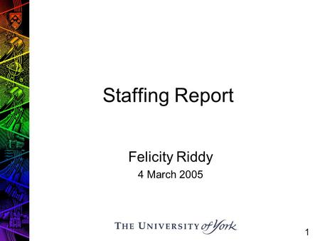 Staffing Report Felicity Riddy 4 March 2005 1. Staff headcount 2005 FemaleMaleTotal Full-time86211692031 Part-time651214865 TOTAL151313832896 2.