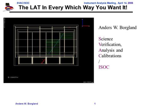 SVAC/ISOCInstrument Analysis Meeting, April 14, 2006 Anders W. Borgland 1 The LAT In Every Which Way You Want It! Anders W. Borgland Science Verification,