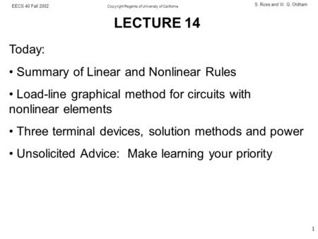 EECS 40 Fall 2002 Copyright Regents of University of California S. Ross and W. G. Oldham 1 LECTURE 14 Today: Summary of Linear and Nonlinear Rules Load-line.
