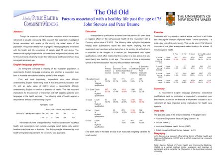 The Old Old Factors associated with a healthy life past the age of 75 John Stevens and Peter Baume Abstract Though the proportion of the Australian population.
