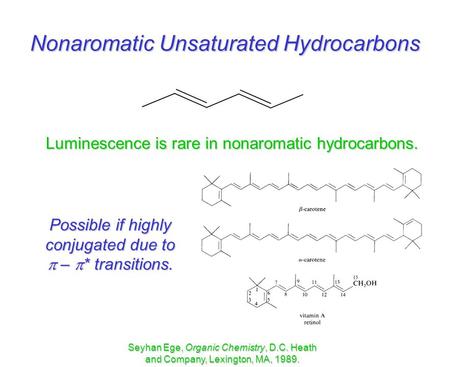 Luminescence is rare in nonaromatic hydrocarbons. Possible if highly conjugated due to  –  * transitions. Seyhan Ege, Organic Chemistry, D.C. Heath and.