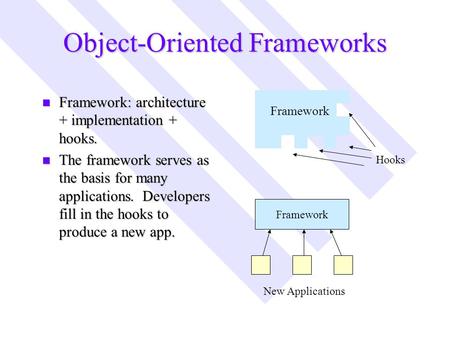 Object-Oriented Frameworks n Framework: architecture + implementation + hooks. n The framework serves as the basis for many applications. Developers fill.