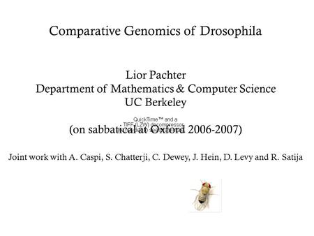 Comparative Genomics of Drosophila Lior Pachter Department of Mathematics & Computer Science UC Berkeley (on sabbatical at Oxford 2006-2007) Joint work.