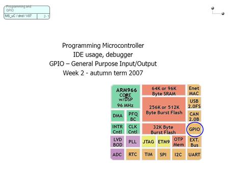 MS_uC / dnd / V07 2- 1 Programming and GPIO Programming Microcontroller IDE usage, debugger GPIO – General Purpose Input/Output Week 2 - autumn term 2007.