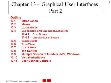  2002 Prentice Hall. All rights reserved. 1 Chapter 13 – Graphical User Interfaces: Part 2 Outline 13.1Introduction 13.2 Menus 13.3 LinkLabel s 13.4 ListBox.