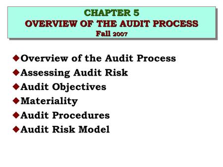 CHAPTER 5 OVERVIEW OF THE AUDIT PROCESS Fall 2007 u Overview of the Audit Process u Assessing Audit Risk u Audit Objectives u Materiality u Audit Procedures.