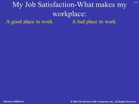 McGraw-Hill/Irwin © 2002 The McGraw-Hill Companies, Inc., All Rights Reserved. 1-1 My Job Satisfaction-What makes my workplace: A good place to workA bad.