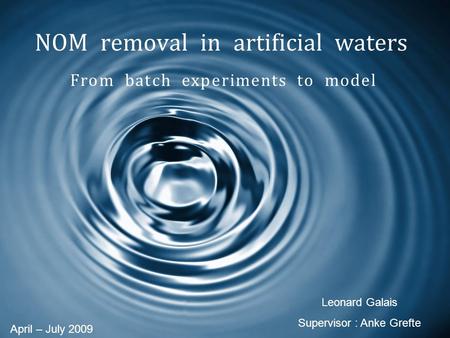 NOM removal in artificial waters From batch experiments to model April – July 2009 Leonard Galais Supervisor : Anke Grefte.