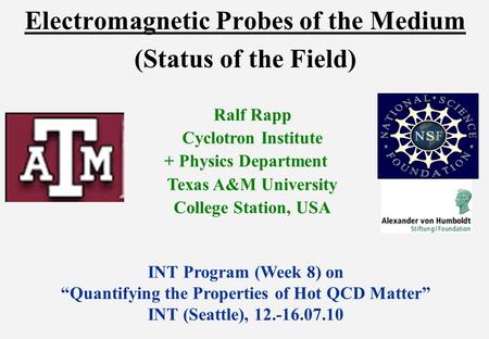 Electromagnetic Probes of the Medium (Status of the Field) Ralf Rapp Cyclotron Institute + Physics Department Texas A&M University College Station, USA.