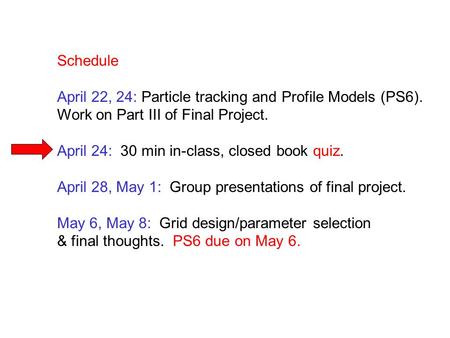 Schedule April 22, 24: Particle tracking and Profile Models (PS6). Work on Part III of Final Project. April 24: 30 min in-class, closed book quiz. April.