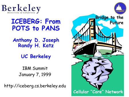 ICEBERG: From POTS to PANS Anthony D. Joseph Randy H. Katz UC Berkeley IBM Summit January 7, 1999  Cellular “Core” Network.