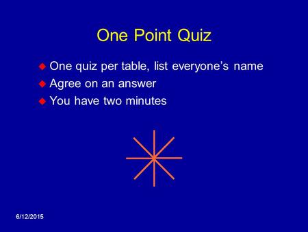 6/12/2015 One Point Quiz  One quiz per table, list everyone’s name  Agree on an answer  You have two minutes.