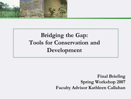 Photos by D.Wilkie and G.Morelli Bridging the Gap: Tools for Conservation and Development Final Briefing Spring Workshop 2007 Faculty Advisor Kathleen.