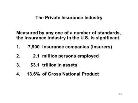 5-1 The Private Insurance Industry Measured by any one of a number of standards, the insurance industry in the U.S. is significant. 1.7,900 insurance companies.
