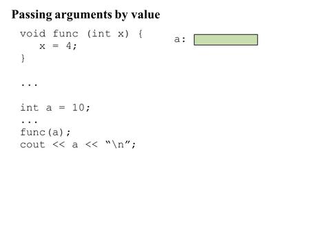 Passing arguments by value void func (int x) { x = 4; }... int a = 10;... func(a); cout 