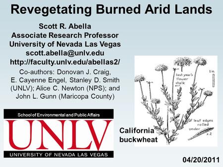 04/20/2011 Revegetating Burned Arid Lands Scott R. Abella Associate Research Professor University of Nevada Las Vegas