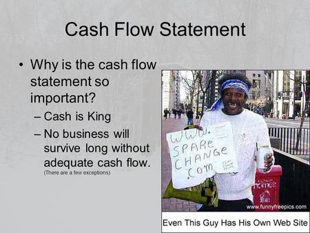 Cash Flow Statement Why is the cash flow statement so important? –Cash is King –No business will survive long without adequate cash flow. (There are a.