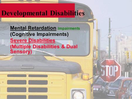 Developmental Disabilities Mental Retardation Impairments (Cognitive Impairments) Severe Disabilities (Multiple Disabilities & Dual Sensory)