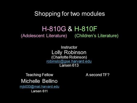 Shopping for two modules H-810G & H-810F (Adolescent Literature) (Children’s Literature) Instructor Lolly Robinson (Charlotte Robinson)