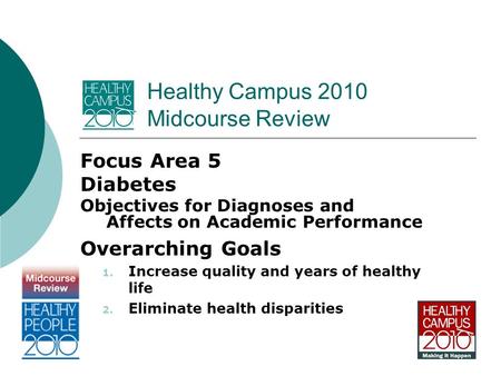 Healthy Campus 2010 Midcourse Review Focus Area 5 Diabetes Objectives for Diagnoses and Affects on Academic Performance Overarching Goals 1. Increase quality.