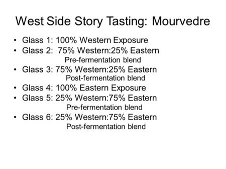 West Side Story Tasting: Mourvedre Glass 1: 100% Western Exposure Glass 2: 75% Western:25% Eastern Pre-fermentation blend Glass 3: 75% Western:25% Eastern.