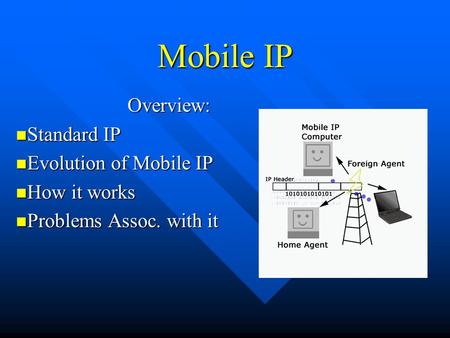 Mobile IP Overview: Standard IP Standard IP Evolution of Mobile IP Evolution of Mobile IP How it works How it works Problems Assoc. with it Problems Assoc.