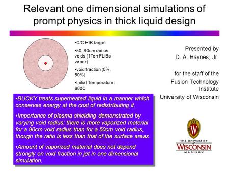 Relevant one dimensional simulations of prompt physics in thick liquid design Presented by D. A. Haynes, Jr. for the staff of the Fusion Technology Institute.