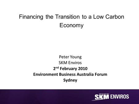 Financing the Transition to a Low Carbon Economy Peter Young SKM Enviros 2 nd February 2010 Environment Business Australia Forum Sydney.