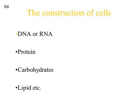 The construction of cells DNA or RNA Protein Carbohydrates Lipid etc. 04.