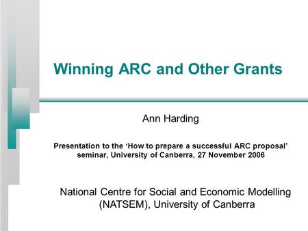 Winning ARC and Other Grants Ann Harding Presentation to the ‘How to prepare a successful ARC proposal’ seminar, University of Canberra, 27 November 2006.