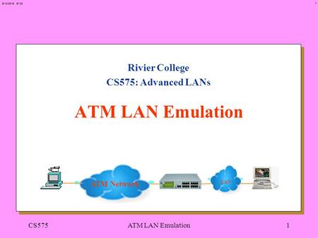 1 6/13/2015 01:23 CS575ATM LAN Emulation1 Rivier College CS575: Advanced LANs ATM LAN Emulation ATM Network LAN.